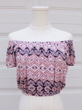 About A Girl Peasant Crop Top Elastic Trim Pink Boho Print Festival Off Shoulder